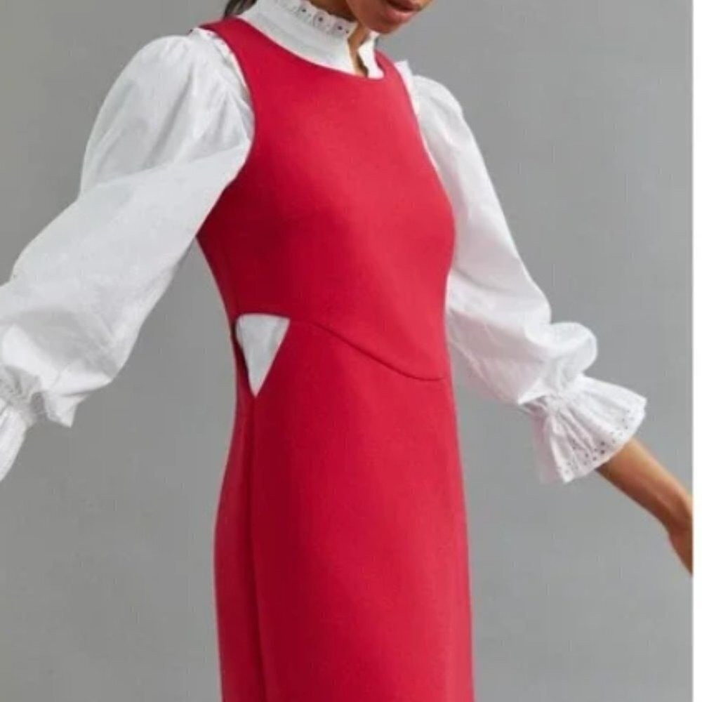 Anthropologie Red Sleeveless Side Cut Out Mini Shift Dress Round Neck Zip Back - Picture 5 of 13